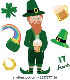 Set objects for St. Patrick's Day. Leprechaun, a pot of gold, beer.

