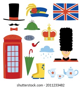 Set of objects and symbols related to London and England