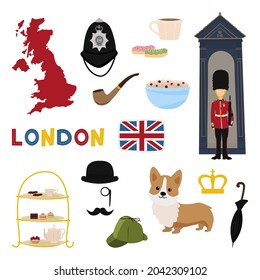 Set of objects and symbols related to London and England