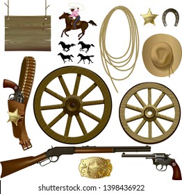 Conjunto de objetos y símbolos del Lejano Oeste de América aislados en blanco. Ilustración del vector 