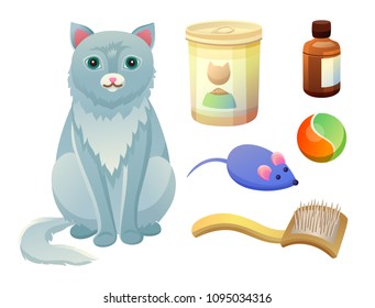 Set of objects for taking care about feline. Food for cat in metal package, flea remedy, mouse toy and ball, combing brush, fluffy kitten vector isolated