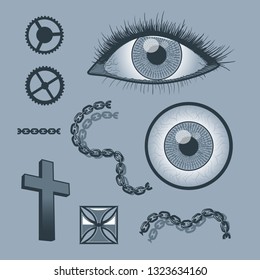 Set of objects for tattoo graphics. Monochrome tattoo style.