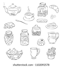 A set of objects for tea drinking. Tea, kettle, cup, sugar, pastries, jam, candy. Vector sketch illustration for cafe, restaurant menu, print.