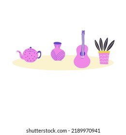 Set of objects that one can  buy second hand: guitar, vase, plant, tea pot. Cute design, flat vector illustration. 