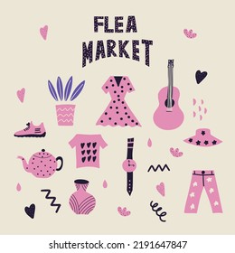 Set of objects that one can find on a flea market: guitar, dress, t-shirt, jeans, vase, hat, plant, tea pot. cute design, flat vector illustration. 