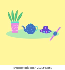 Set of objects that one can  buy second hand: plant, teapot, hat, watches. Cute design, flat vector illustration. 