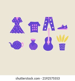 Set of objects that one can find on a flea market: guitar, dress, t-shirt, jeans, vase, hat, plant, tea pot. cute design, flat vector illustration. 