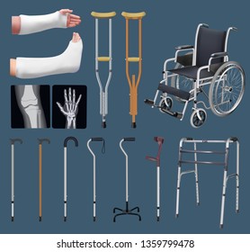 Set of objects of traumatology medicine. Treatment of musculoskeletal system. Gypsum tire, crutch, X-ray, wheelchair, cane different in design, walker. Isolated objects. Vector illustration