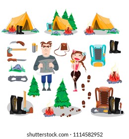 Set of objects Travel, Adventure, Trekking, Camping, Tourists, Climbers, Forest, Tent, Bonfire, Boots, Spruce, Backpack, Knife, Ax, Rope, Footprints.  Colorful hand drawn vector stock illustration. 