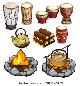 A set of objects for travel and ethnic percussion instruments. Vector illustration.