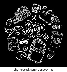 A set of objects for traveling, flying, arranged in a circle. Hand-drawn sketch-style elements on black background. Hand-drawn inscription. Suitcase, passports, hand luggage, valise, sleep mask.
