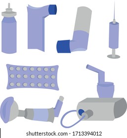 Set of objects for the treatment of asthma. Inhalers, spicer and nebulizer. Pills and injections. Blue medical design.
