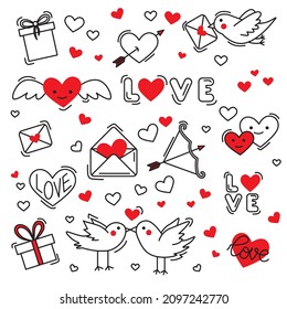 A set of objects for Valentine's Day. Vector cute objects for cards on February 14th. 
