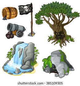 The set of objects of wildlife and attributes of pirate activity. Vector illustration.