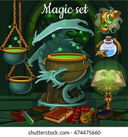 The set of objects for witchcraft and spiritualistic seances. A poster on the theme of the holiday of evil spirit Halloween. Vector cartoon close-up illustration.