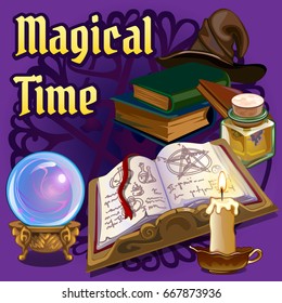 The set of objects for witchcraft and spiritualistic seances on purple background. A poster on the theme of the holiday of evil spirit Halloween. Vector cartoon close-up illustration.