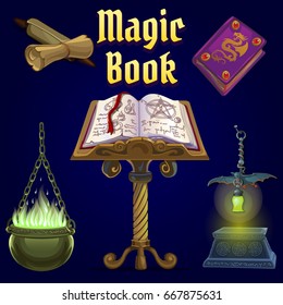 The set of objects for witchcraft and spiritualistic seances on purple background. A poster on the theme of the holiday of evil spirit Halloween. Vector cartoon close-up illustration.