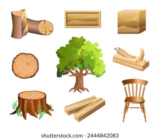 Set of objects and wood products on a white background. Wooden materials. Vector illustration