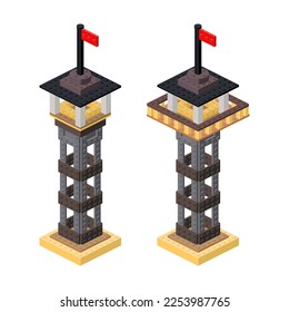 Set of observation towers in isometry. Vector illustration