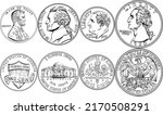 Set of obvers and revers of American money, one, five, ten and twenty five cent coins, black and white