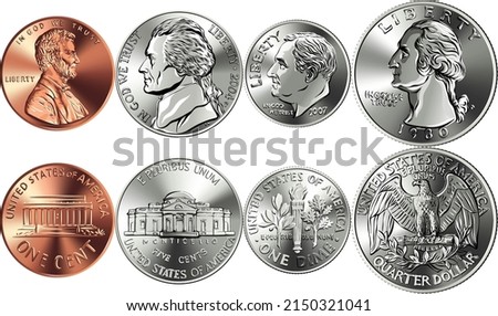 Set of obvers and revers of American money, one, five, ten and twenty five cent coins Stock fotó © 