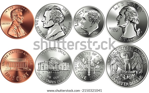 Set of obvers and revers of American\
money, one, five, ten and twenty five cent\
coins