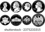 Set Obvers and Revers of USA money, one, five, ten and twenty five cent coins. Black and white image