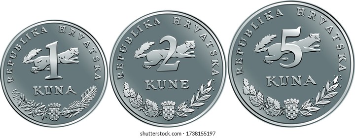 Set of obverse Croatian 1, 2 and 5 kuna coins with marten, coat of arms, state title and indication of value, official coins in Croatia