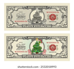 Set of obverses of vintage lacy beautiful banknotes of 25 US dollars. Cartoon fir tree, green snake and sweets. Merry Christmas and Happy New Year. 2025. Holiday money. Flyers or certificates.