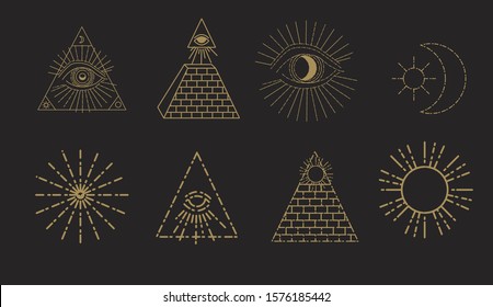 Set of occult and alchemical tattoo art in cartoon linear style. Pyramid and shining All seeing eye of Divine providence symbols.