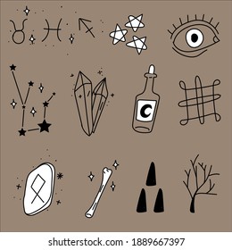 Set of occult icons hand drawing. Magic, Crystals, divination cards, the moon. The picture is isolated from the background.