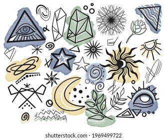 Un conjunto de artículos ocultos. Triángulo, ojo, sol, luna, estrellas, cristal, hierbas mágicas, espirales, infinito. Manchas de color de agua en el fondo. Aislado. Pictogramas.