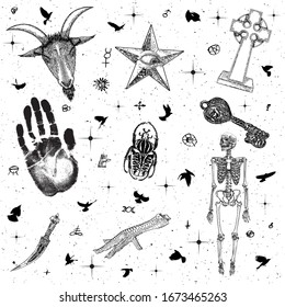 Set of occult mystical and witchcraft mysterious objects. Gravestone or tombstones grave cross, bug, goat head, sacrifice knife, key skeleton, chicken foot, hand, all seeing eye, and birds. Vector.