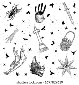 Set of occult mystical and witchcraft mysterious objects. Gravestone or tombstones grave cross, bug insect, vampire bat, sacrifice knife, key lock, goat jaw, chicken foot, hand, eye, star. Vector.