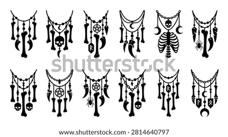 Set of occult necklaces with bones, skulls, pentagrams, and runes, mystical tribal jewelry, vector illustration