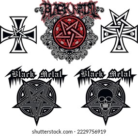 set, occult sign pentagram and cross, grunge vintage design t shirts
