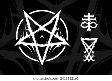 Set of occult signs. Inverted pentagram, 666, leviathan cros. 
Satanic Symbols, Medieval Occultism, Magic Stamps, Sigils, Keys, Mystical Symbols Knots, Devil's Cross. Sigil Lucifer Baphomet vector