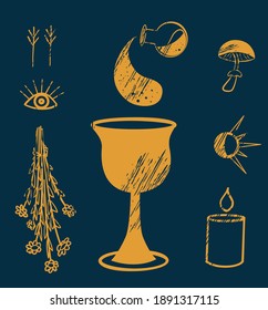 A set of occult symbols: the Cup, the potion, the eyes, the moon and the sun. Illustration of magic. Occultism and alchemy. Symbols of witchcraft and magic. For T-shirts, notebooks, covers, printing