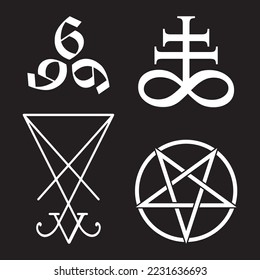 Set of occult symbols Leviathan Cross, pentagram, Lucifer sigil and 666 the number of the beast hand drawn black and white isolated vector illustration. Blackwork, flash tattoo or print design