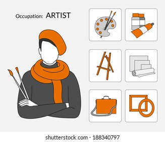 Set of occupation icons for artist shop, flat design