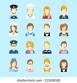 Set of occupations profession peoples avatar in flat color style vector illustration