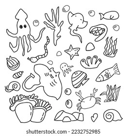 Set of ocean animal kawaii isolated on white background. Childish character. Colored flat cartoon vector illustration