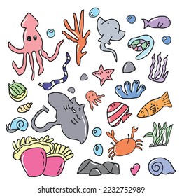 Set of ocean animal kawaii isolated on white background. Childish character. Colored flat cartoon vector illustration
