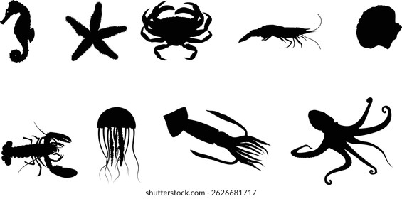 Set of ocean animal silhouette illustration