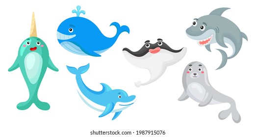 Set of ocean animals in cartoon style. Cute animals characters for kids cards, baby shower, birthday invitation, house interior. Bright colored childish vector illustration.