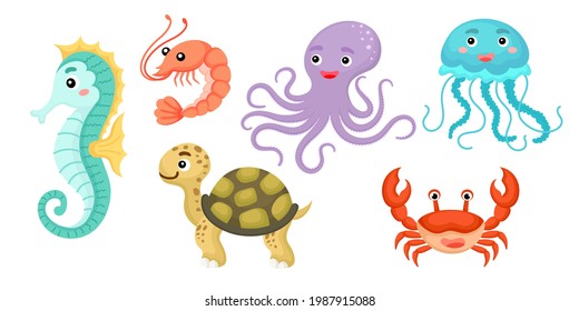 Set von Meerestieren im Cartoon-Stil. Kleine Tierfiguren für Kinderkarten, Babydusche, Geburtstagseinladung, Inneneinrichtung des Hauses. hellfarbene kindische Vektorgrafik.