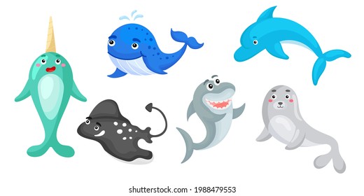 Set of ocean animals in cartoon style. Cute animals characters for kids cards, baby shower, birthday invitation, house interior. Bright colored childish vector illustration.