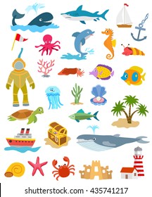 set of ocean animals and fishes