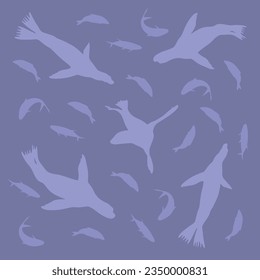 Set of ocean animals (seal, sea calf, fish) silhouettes. Vector illustration. Can be used as seamless pattern, background, textile