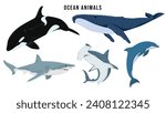 Set of ocean animals. Shark, whale, hammerhead shark, dolphin, orca, wildlife underwater animals vector illustration